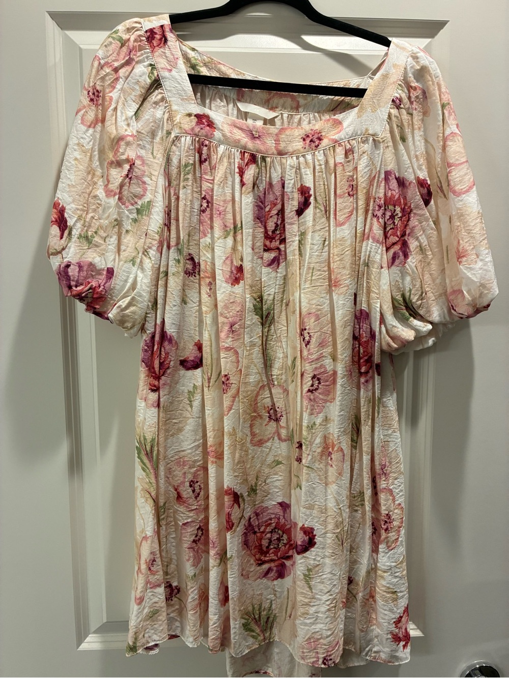 H&M Cream Floral Puff-Sleeve Square-Neck Tunic